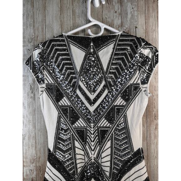 Express‎ Sheath Dress Womens S Black Silver Sequins Aztec Cap Sleeve Bodycon - Picture 7 of 12